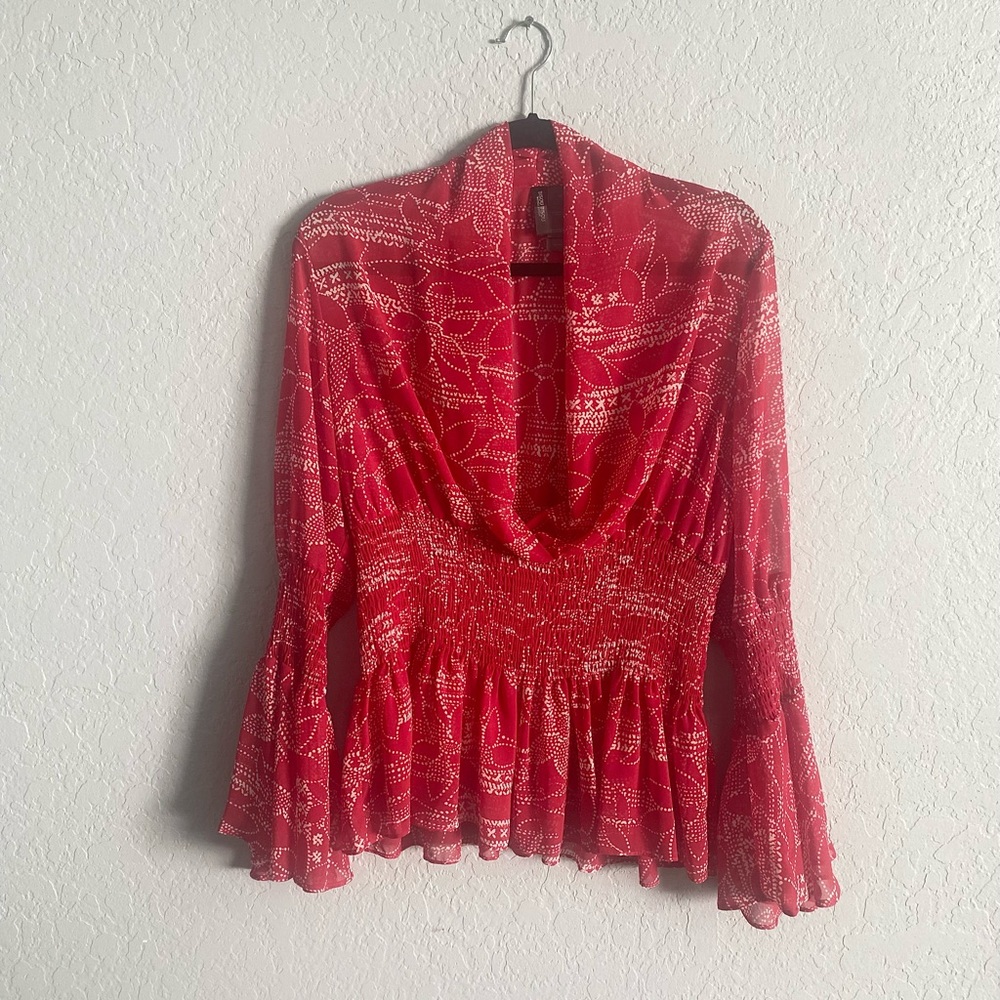 Bisou Bisou Red Bell Sleeve Smocked Semi Sheer 16